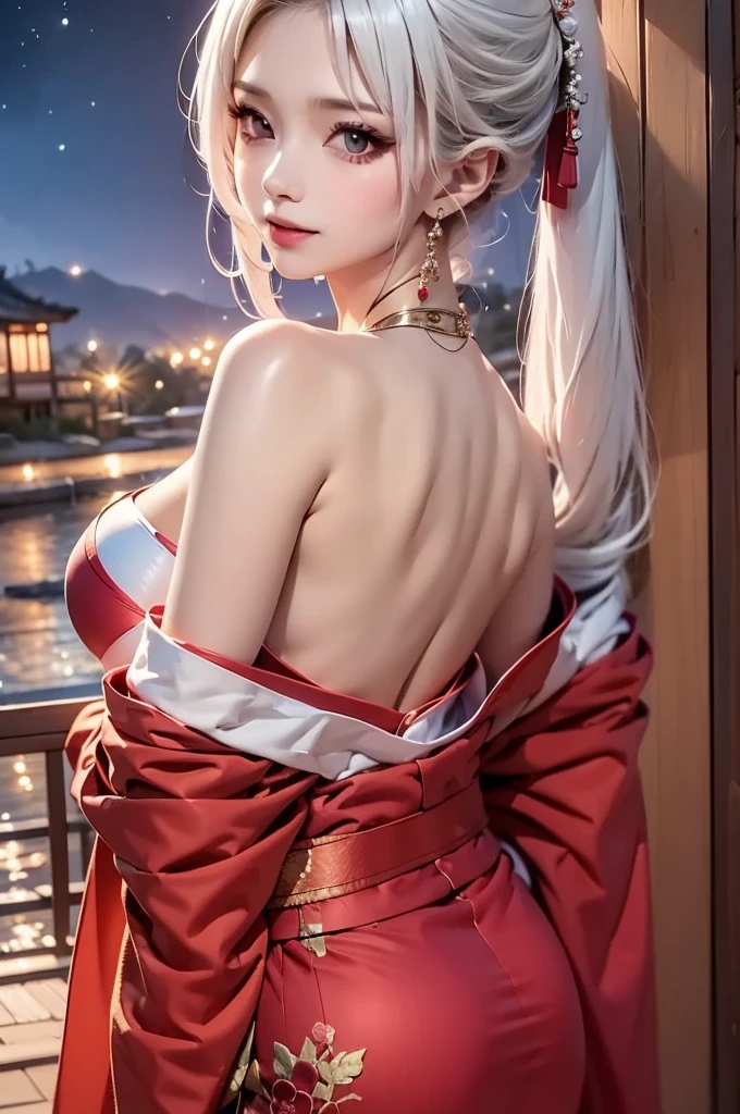 masterpiece, best quality, highly detailed, 1girl, white hair, face: sweet girl, off shoulder, off shoulder kimono, black and red kimono, Matte texture clothing. look up at the night sky. from side. nape, look back
