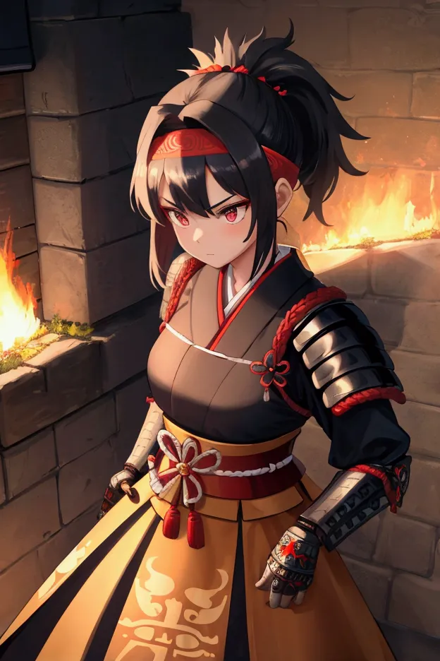 masterpiece,best quality,high image quality,ponytail,armor,headband,female samurai,samurai,brave,burning castle