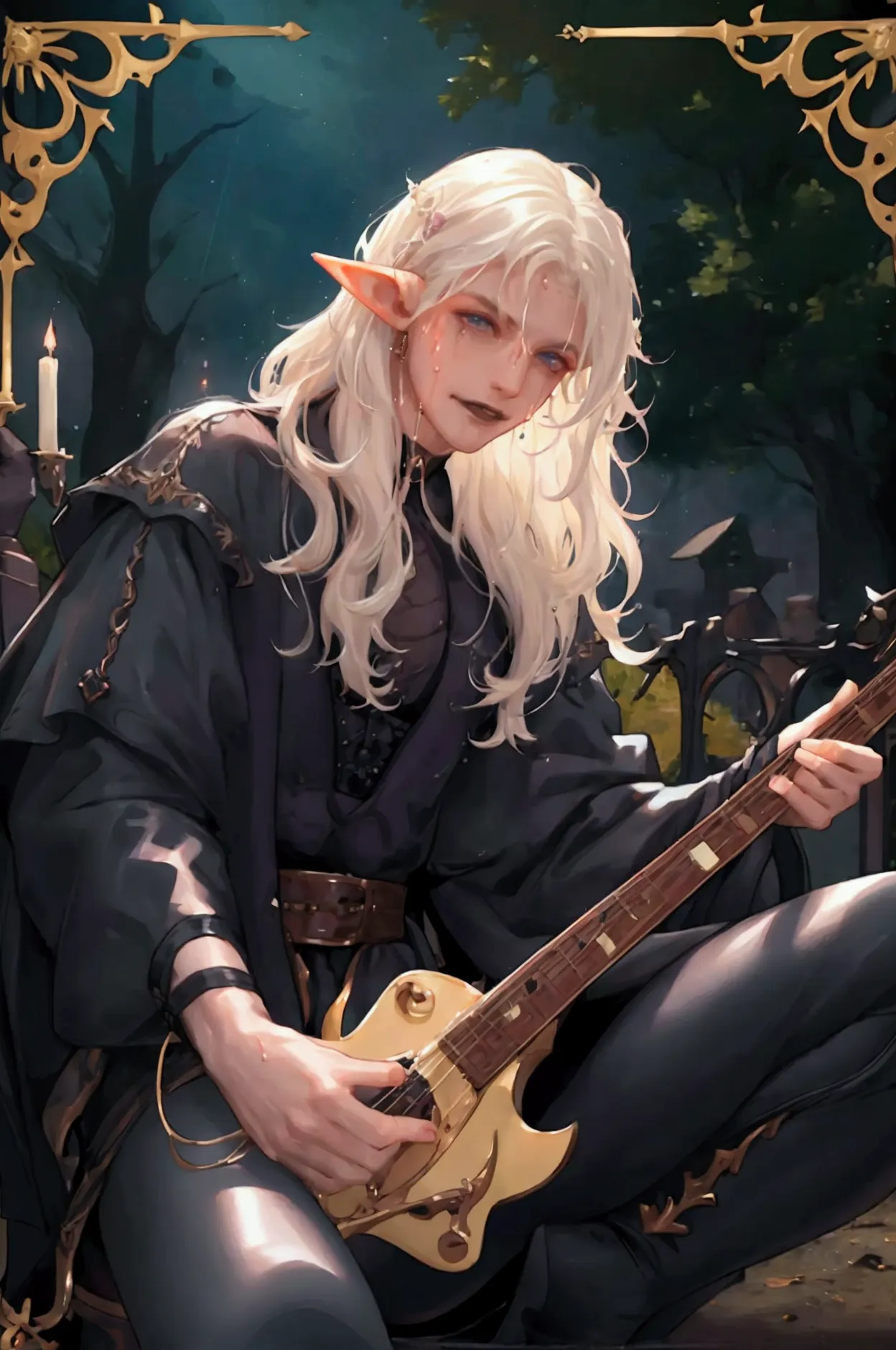 best quality, 1 beauty male, wavy hair, adult male elf, he is playing drums, spread legs, happy, laugh, ((gothic rock)), dynamic...