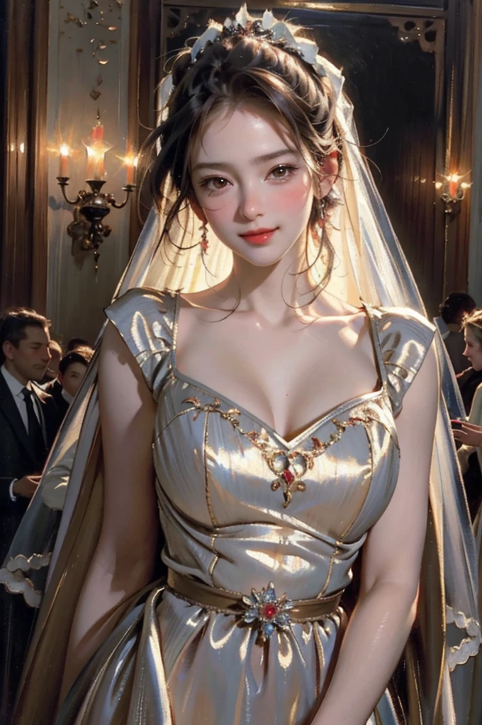 ((masterpiece:1.2)), ((Old western style oil painting)), (Highest quality, High resolution, Ultra-realistic live-action representation, Fine skin expression, Four fingers and a thumb:1.2,), Cinematic Lighting, shape, night, 1 girl, ((perfect cute face)), whole body, (Wedding Dresses), (wedding veil), Put your arms around your back, Waiting for a kiss, Gazing at the viewer, gentle smile, blush,