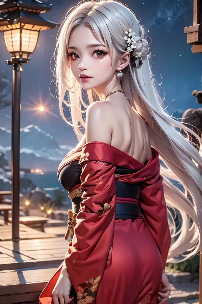 masterpiece, best quality, highly detailed, 1girl, white hair, face: sweet girl, off shoulder, off shoulder kimono, black and red kimono, Matte texture clothing. look up at the night sky. from side.  look back
