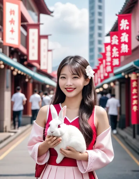 (a beautiful young taiwan girl and a gaint white  rabbit). the girl with delicate features, wearing a pink and white korean styl...