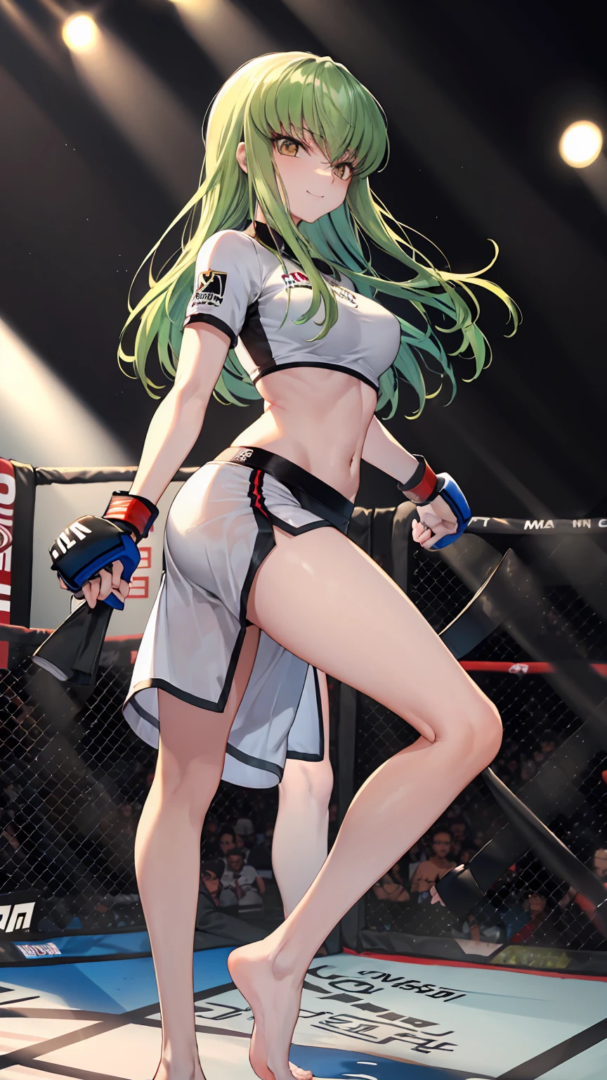 CC_Code Geass, Hair between the eyes, Very long hair 1 person, Bright light, smirking, alone, full body shot, Fighting, (masterpiece, Highest quality), 8k, Intricate details, (on MMA Arena :1.5), (wearing MMA uniform:1.5, white tops and black bottoms:1.3), belly button,Slender body,Slim,((Highest quality)), Sharp focus: 1.2, Highly detailed face, Highly detailed eye,Toned stomach,long legs, slender body,twisting waist,(from side, from below),