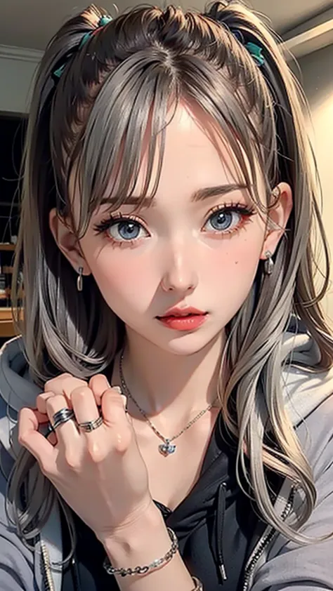 ((beautiful face:1.2)),((realistic:1.2)),huge, twin tails, silver hair, hoodie, vintage gothic, stop temporarily, cute, look up,...