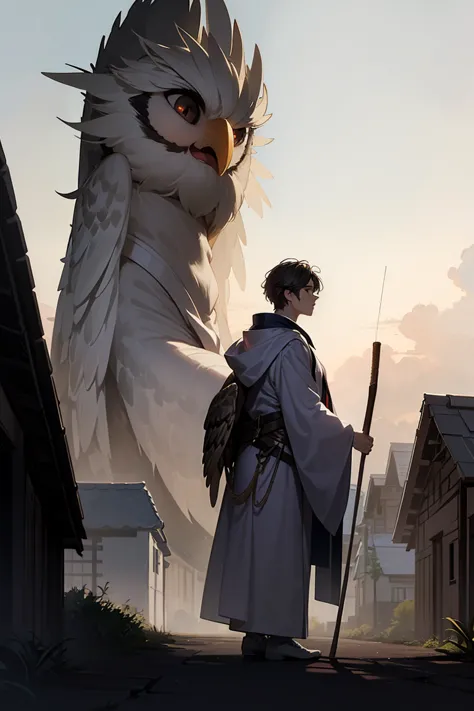 a young human male，with short grey hair，wearing a white robe，with a longbow on his back，on his shoulder is a giant owl，standing ...