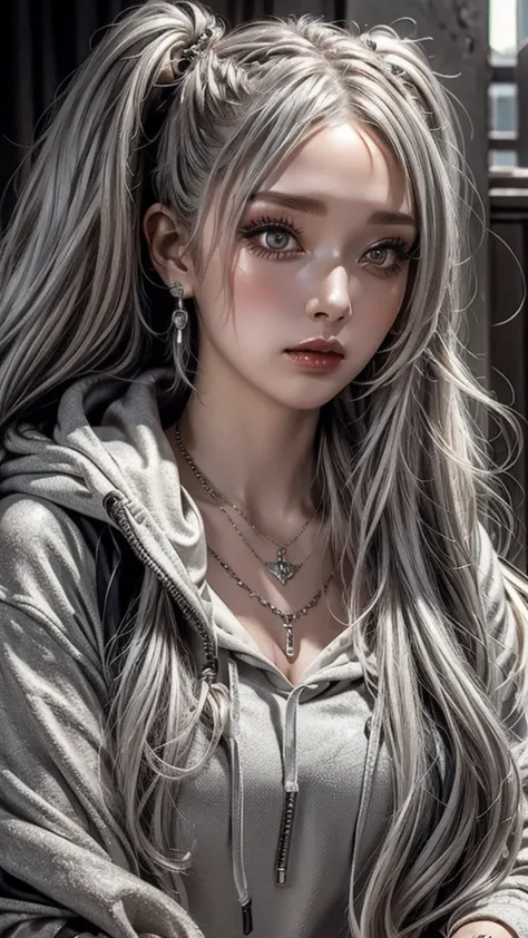 ((realistic:1.2)), twin tails, silver hair, hoodie, vintage gothic, stop temporarily, cute, look up, high quality, necklace, rin...