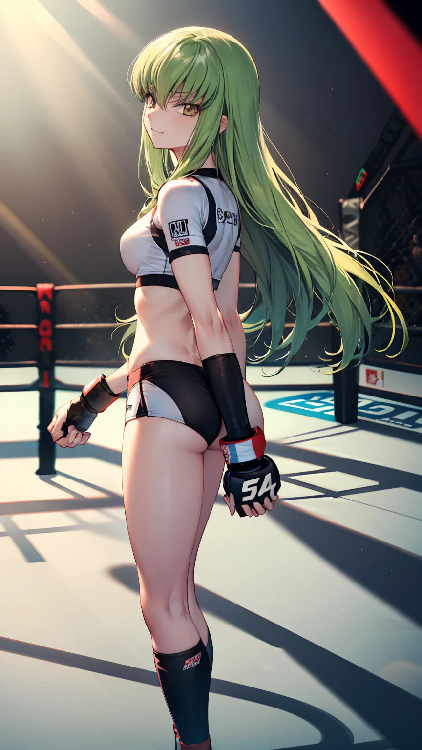 CC_Code Geass, Hair between the eyes, Very long hair 1 person, Bright light, smirking, alone, full body shot, Fighting, (masterpiece, Highest quality), 8k, Intricate details, (on MMA Arena :1.5), (wearing MMA uniform:1.5, white tops and black bottoms:1.3), belly button,Slender body,Slim,((Highest quality)), Sharp focus: 1.2, Highly detailed face, Highly detailed eye,Toned stomach,long legs,slender body,(from side),