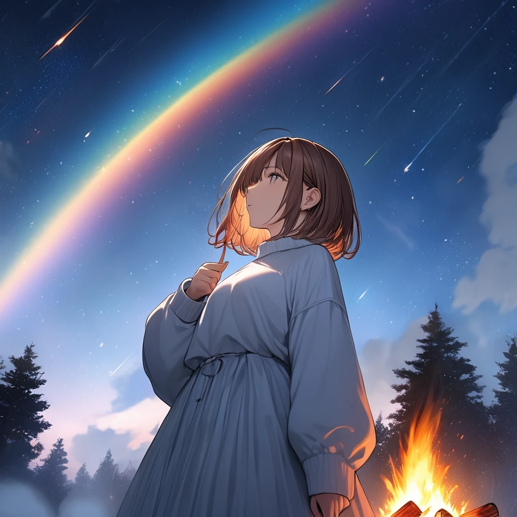 Girl having a bonfire,Stargazing,The girl is wearing thick clothes,Looks very cold,White breath comes out,Brown Hair,Short Bob,Smoke rises into the sky,Pointing at the sky,Rainbow Sky,night,Meteor Shower,masterpiece,Best Quality,Exquisite,8k,Absurd,Ultra-detailed illustrations,(View your audience),Angle from below,View from afar