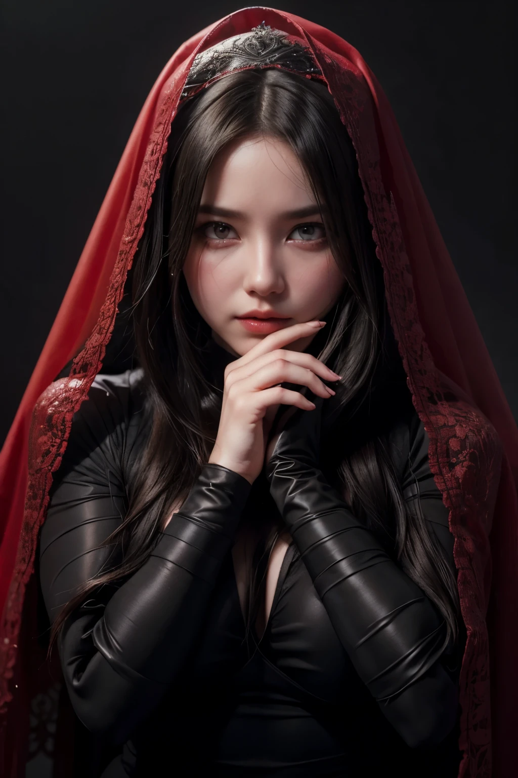 a chubby elegant woman in a red veil covering her eyes, fingers on her lips, long red nails, black background, photo-realistic, high quality, intricate details, oil painting, dramatic lighting, muted colors, mysterious atmosphere