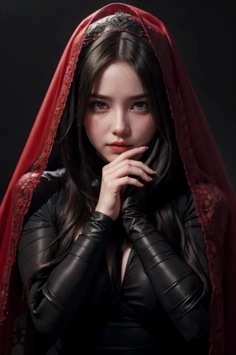 a chubby elegant woman in a red veil covering her eyes, fingers on her lips, long red nails, black background, photo-realistic, ...