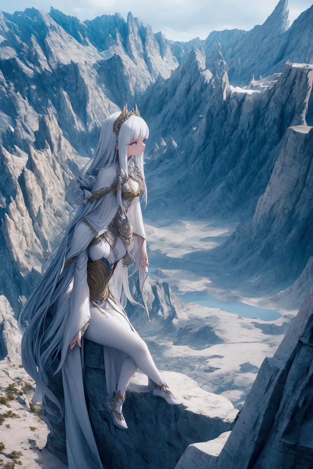 a detailed, serene fantasy landscape with beautiful young dragonsgirl sitting on a majestic cliff, gazing in wonder . highly det...