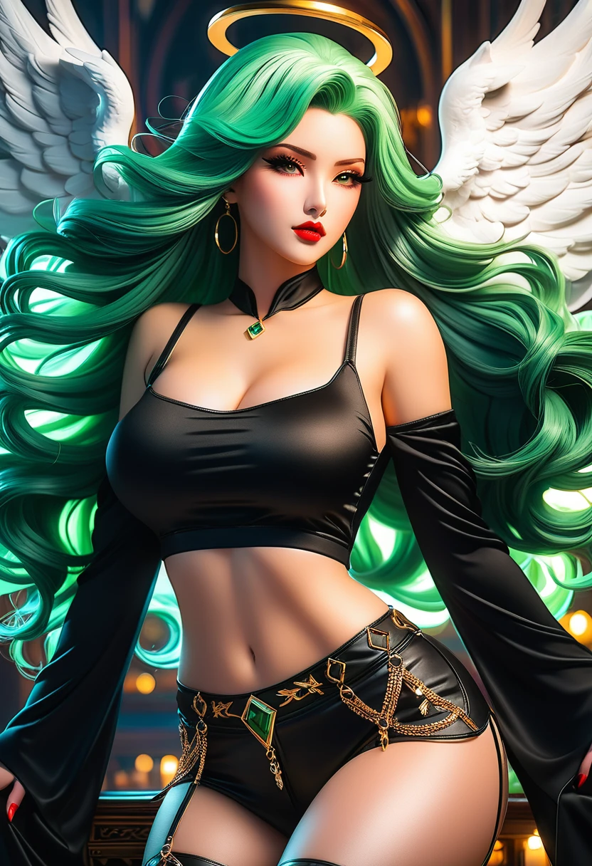 In a mesmerizingly portrayal, thick women busty, a glam-goth goddess angel her Age 28, clean skin,emerald hair, midriff, trending on cgsociety, epic, trending on artstation, highly detailed, vibrant, production cinematic character render, ultra-high-quality model, golden ratio manhwa, manhua, background mysterious, does not produce same pose when remixed.