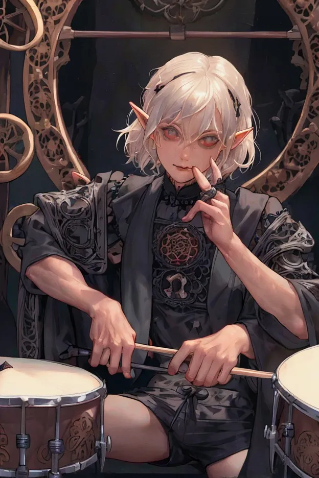 best quality, 1 beauty male, wavy very short hair, adult male elf, ((he is drumming hard for audience)), drums, drum set for roc...