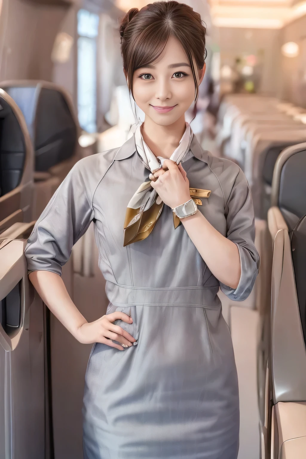 (masterpiece:1.2、Best Quality:1.2)、32kHDR、High resolution、(alone、1 girl、Slim figure)、（Starlux Airlines Cabincrew Uniform）、 (At the airport counter, Professional Lighting)、A proper woman, Beautiful Face,、（Starlux Airlines Cabincrew Uniform Short Sleeve）、（Starlux Airlines Cabincrew Uniform）、（Scarf on chest）、Big Breasts、（Long Hair、Hair Bun）、Dark Brown Hair、Long Shot、Place your hands underneath your head.、（（Great hands：2.0））、（（Harmonious body proportions：1.5））、（（Normal limbs：2.0））、（（Normal finger：2.0））、（（Delicate eyes：2.0））、（（Normal eyes：2.0））)、Beautiful standing posture、smile