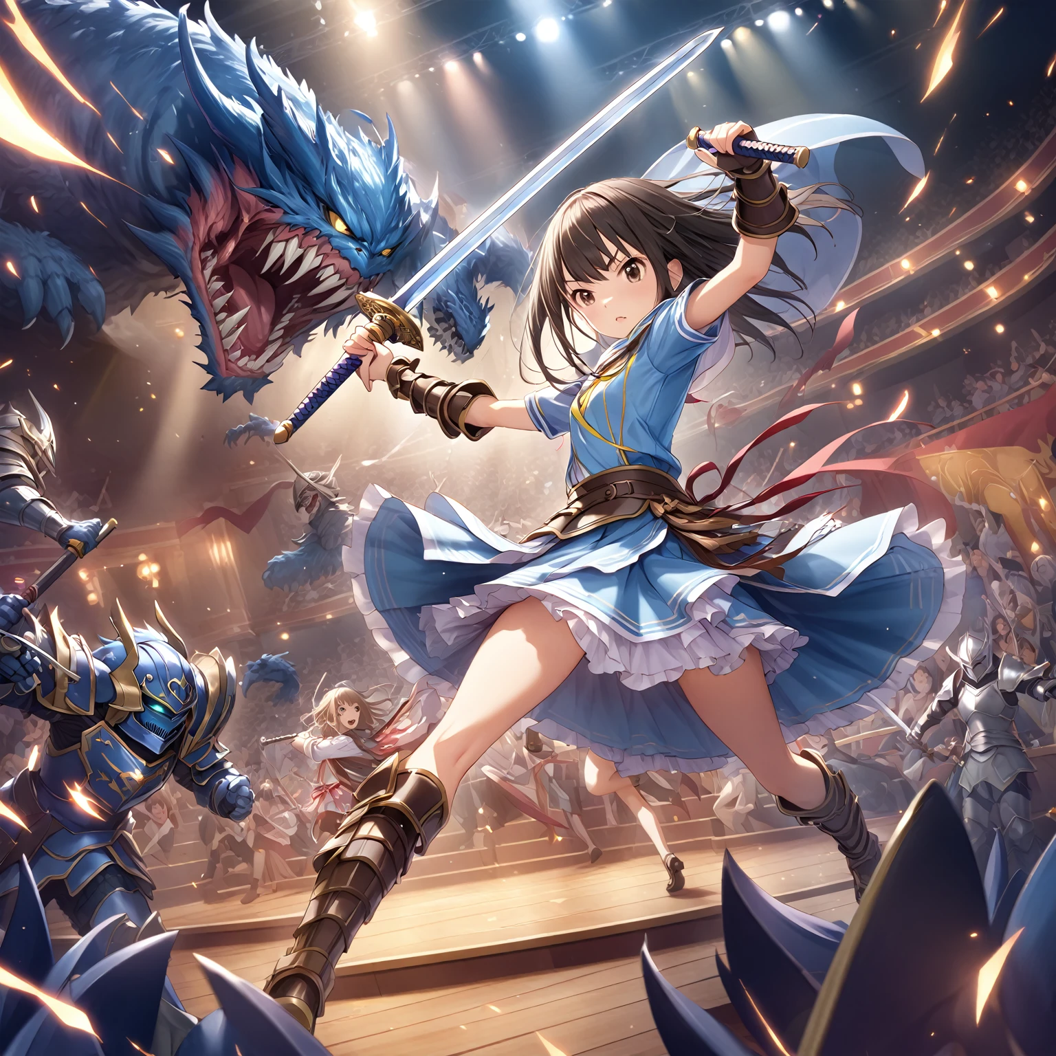 girl, high school student、armor, theater, Small breasts, Fight monsters, Holding a sword、Get Ready