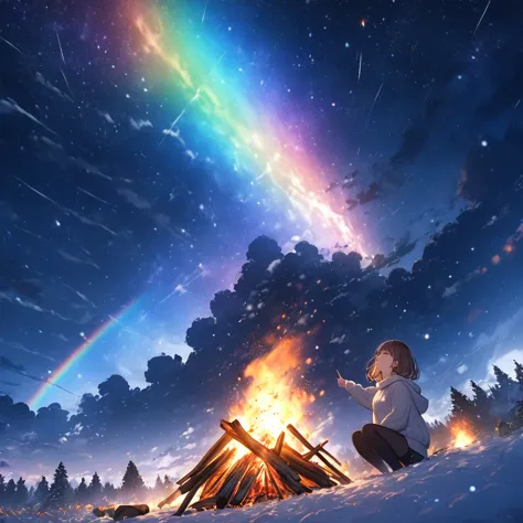 girl having a bonfire,stargazing,the girl is wearing a jumper,very cold,winter,white breath comes out,brown hair,short bob,smoke...