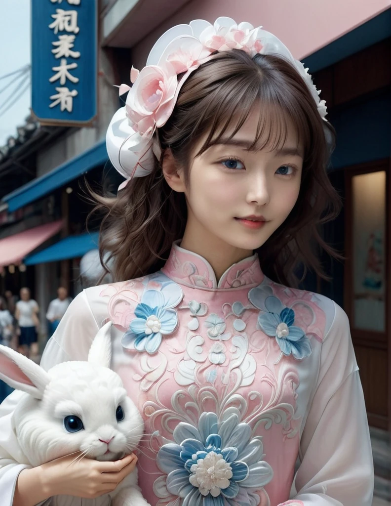 (a beautiful young Taiwan girl and a gaint white  rabbit). the girl with delicate features, wearing a pink and white Korean style fashion outfit with intricate traditional Chinese pattern fabric, cyberpunk style accessories, standing in a modern Taipei street scene, holding a mooncake and smiling at the camera, a gaint fluffy white rabbit standing next to her, (bigger than the girl:1.25), trying to steal her mooncake, with a full moon in the sky in the background, (best quality,8k,highres,masterpiece:1.2),(ultra-detailed:1.33),(realistic,photorealistic,photo-realistic:1.37),extremely detailed, hyperrealistic, Japanese photo style, cinematic light.