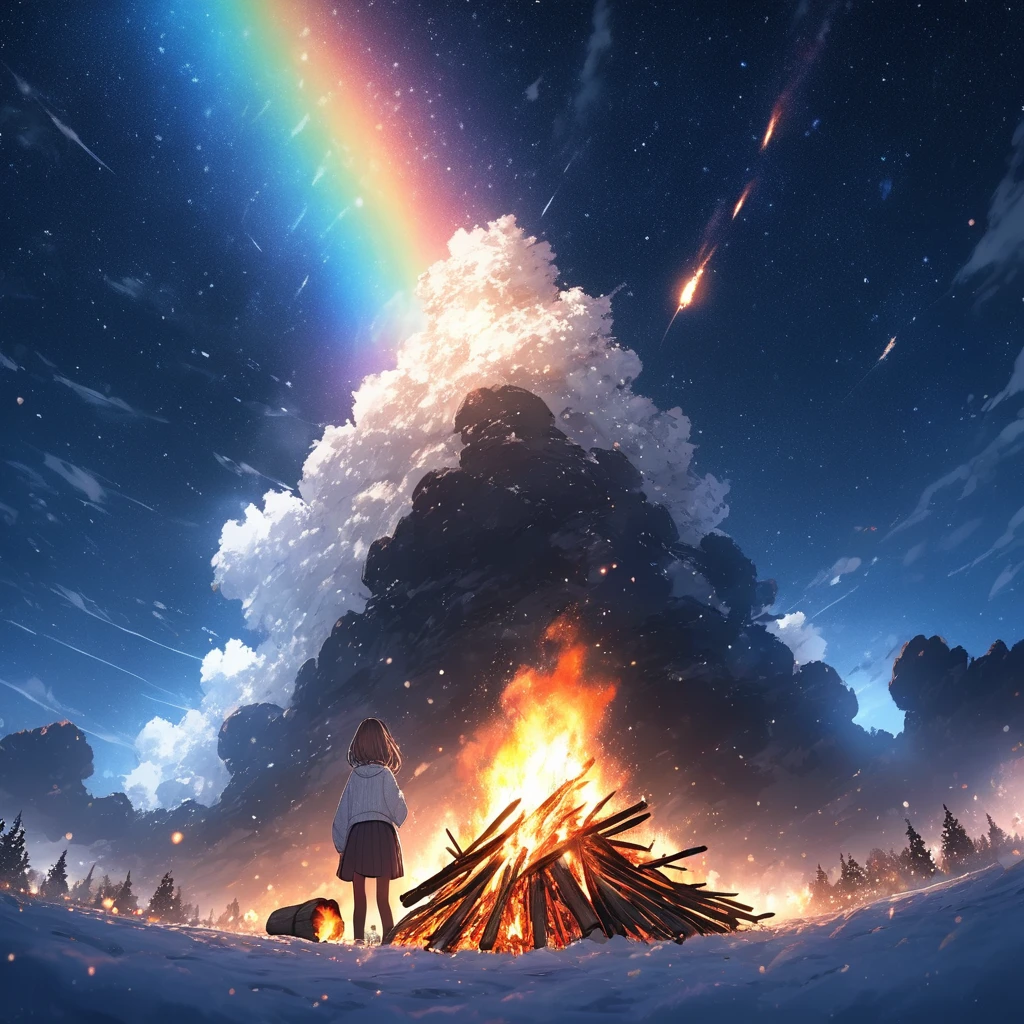 Girl having a bonfire,Stargazing,The girl is wearing a jumper,Very cold,winter,White breath comes out,Brown Hair,Short Bob,Smoke rises into the sky,Pointing at the sky,Rainbow Sky,night,Meteor Shower,masterpiece,Best Quality,Exquisite,8k,Absurd,Ultra-detailed illustrations,(View your audience),Angle from below,View from afar