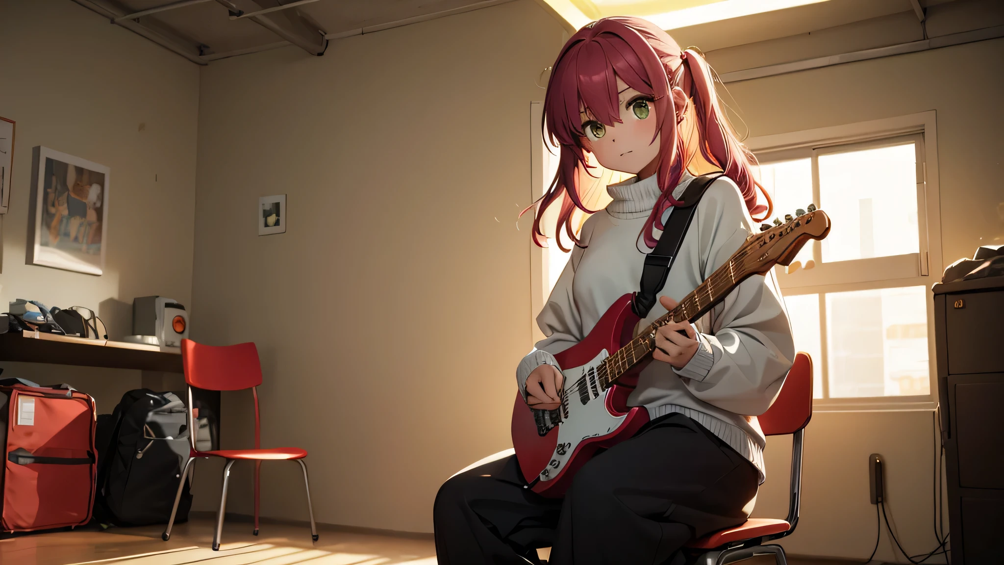 Create an image of a young girl in a sweater and baggy pants, colorful sneakers, playing an electric guitar sitting on a chair in the room, calm atmosphere, radiant light.