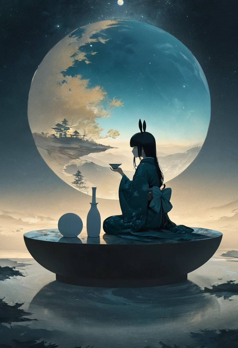 (masterpiece, best quality),(double exposure: 1.5), subtle colors, post-grunge, concept art, paint splatters, intricate details. trends in art station, detailed depiction,(Kaguyahime drinking sake at Tokkuri,sitting on moon surface with rabbits), Japanese aristocratic kimono,The earth is floating far away in the starry sky. 