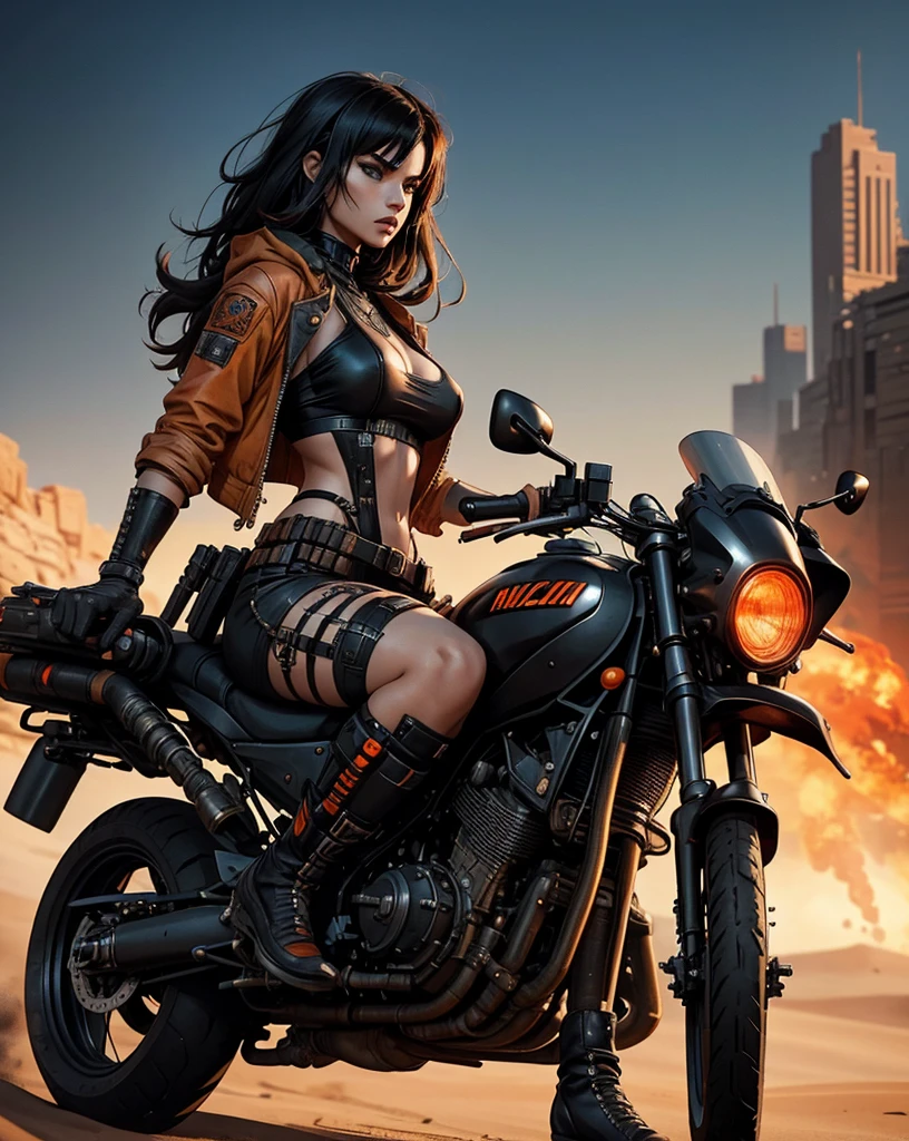 Magnificent, une fille, manga, agressive, regard hypnotisant, Magnificent, cyberpunk dressed, Mad Max, in the desert, apocalypse, sur une moto, speed, badass, aesthetic, orange and black colors