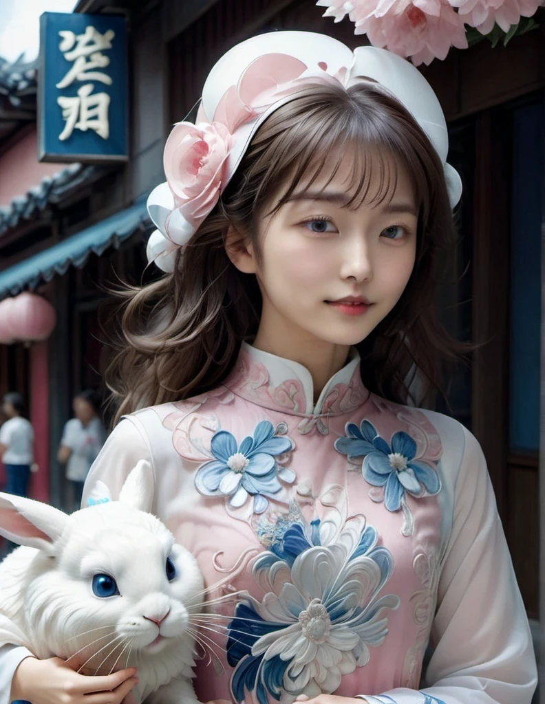 (a beautiful young Taiwan girl and a gaint white  rabbit). the girl with delicate features, wearing a pink and white Korean style fashion outfit with intricate traditional Chinese pattern fabric, cyberpunk style accessories, standing in a modern Taipei street scene, holding a mooncake and smiling at the camera, a gaint fluffy white rabbit standing next to her, (bigger than the girl:1.25), trying to steal her mooncake, with a full moon in the sky in the background, (best quality,8k,highres,masterpiece:1.2),(ultra-detailed:1.33),(realistic,photorealistic,photo-realistic:1.37),extremely detailed, hyperrealistic, Japanese photo style, cinematic light.