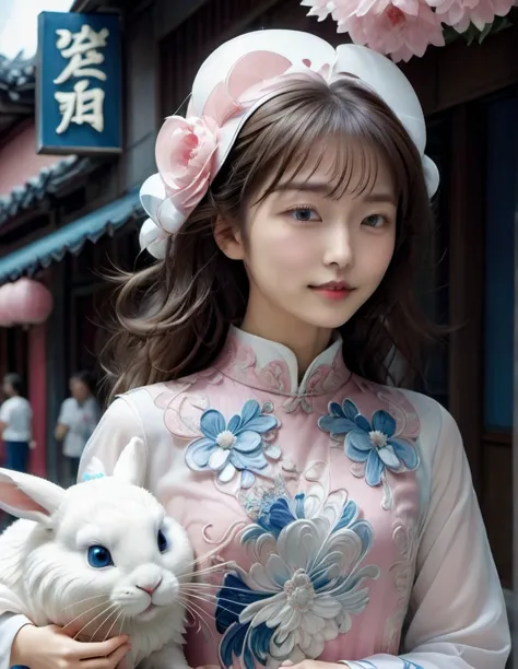 (a beautiful young taiwan girl and a gaint white  rabbit). the girl with delicate features, wearing a pink and white korean styl...