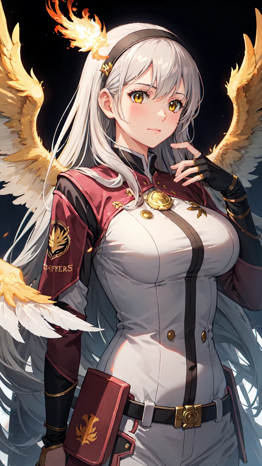 (upper body:1.3), 1girl,hoenix keeper, fireproof suit with a golden phoenix emblem, fire cage with obsidian bars, phoenix nest with shimmering golden feathers, talon gloves for handling the phoenix, fire ruby for feeding the phoenix,