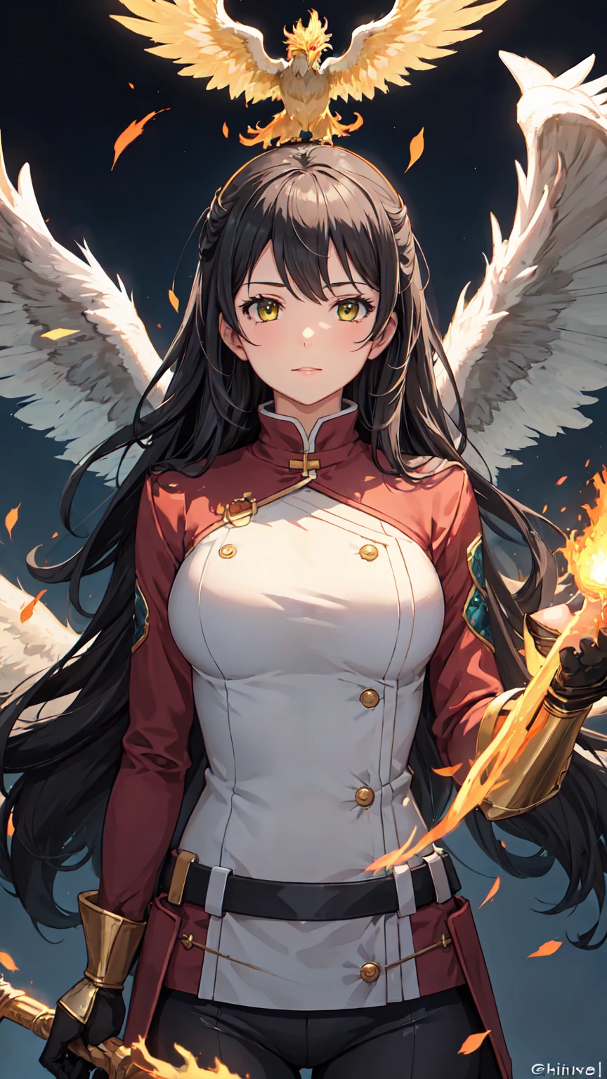 (upper body:1.3), 1girl,hoenix keeper, fireproof suit with a golden phoenix emblem, fire cage with obsidian bars, phoenix nest with shimmering golden feathers, talon gloves for handling the phoenix, fire ruby for feeding the phoenix,