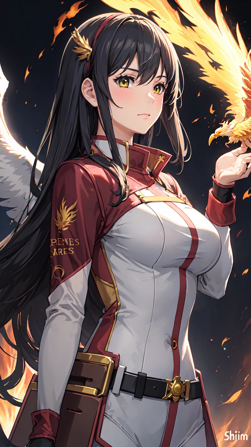 (upper body:1.3), 1girl,hoenix keeper, fireproof suit with a golden phoenix emblem, fire cage with obsidian bars, phoenix nest with shimmering golden feathers, talon gloves for handling the phoenix, fire ruby for feeding the phoenix,