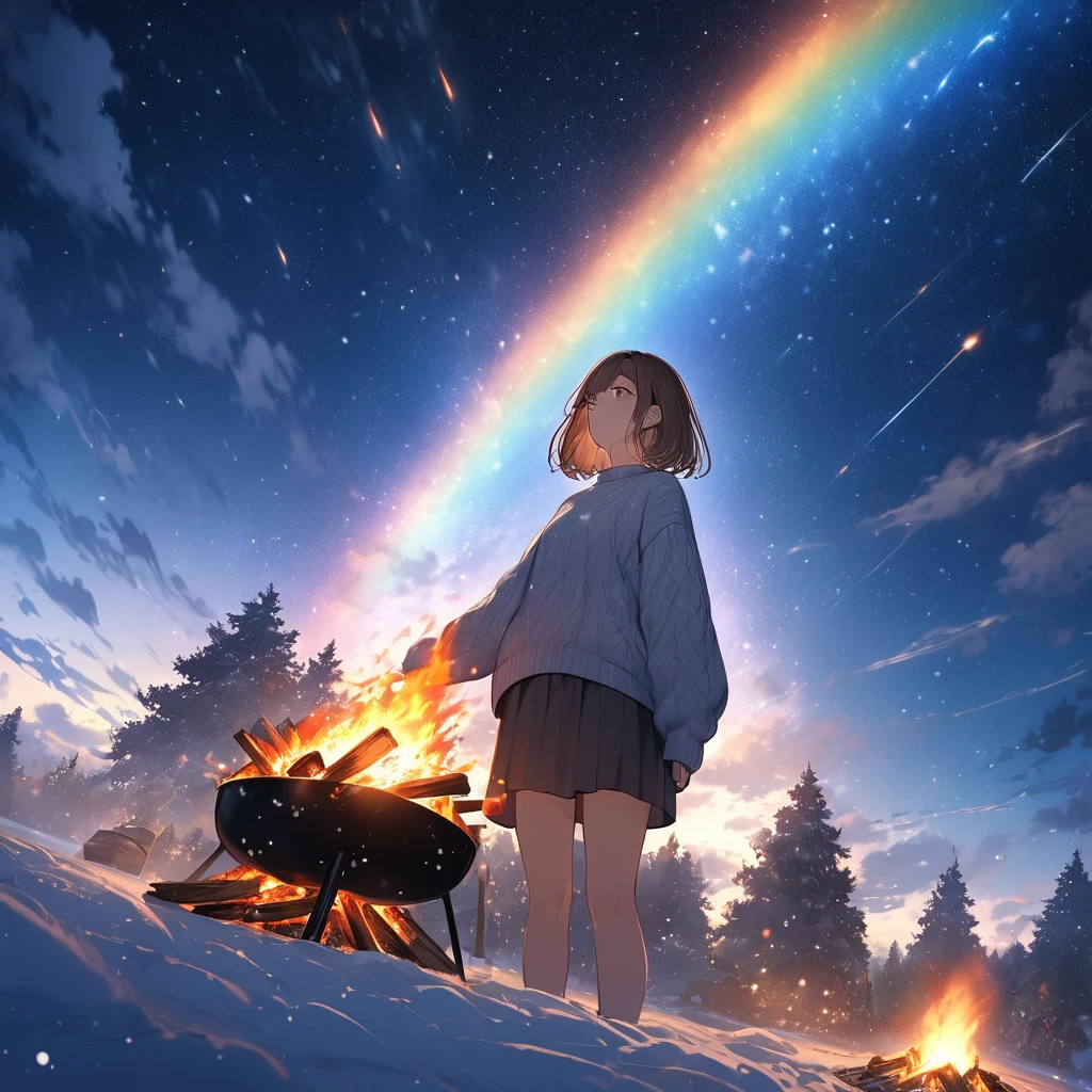 Girl having a bonfire,Stargazing,The girl is wearing a jumper,Very cold,winter,White breath comes out,Brown Hair,Short Bob,Smoke rises into the sky,Pointing at the sky,Rainbow Sky,night,Meteor Shower,masterpiece,Best Quality,Exquisite,8k,Absurd,Ultra-detailed illustrations,(View your audience),Angle from below,View from afar