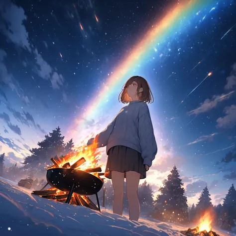 girl having a bonfire,stargazing,the girl is wearing a jumper,very cold,winter,white breath comes out,brown hair,short bob,smoke...