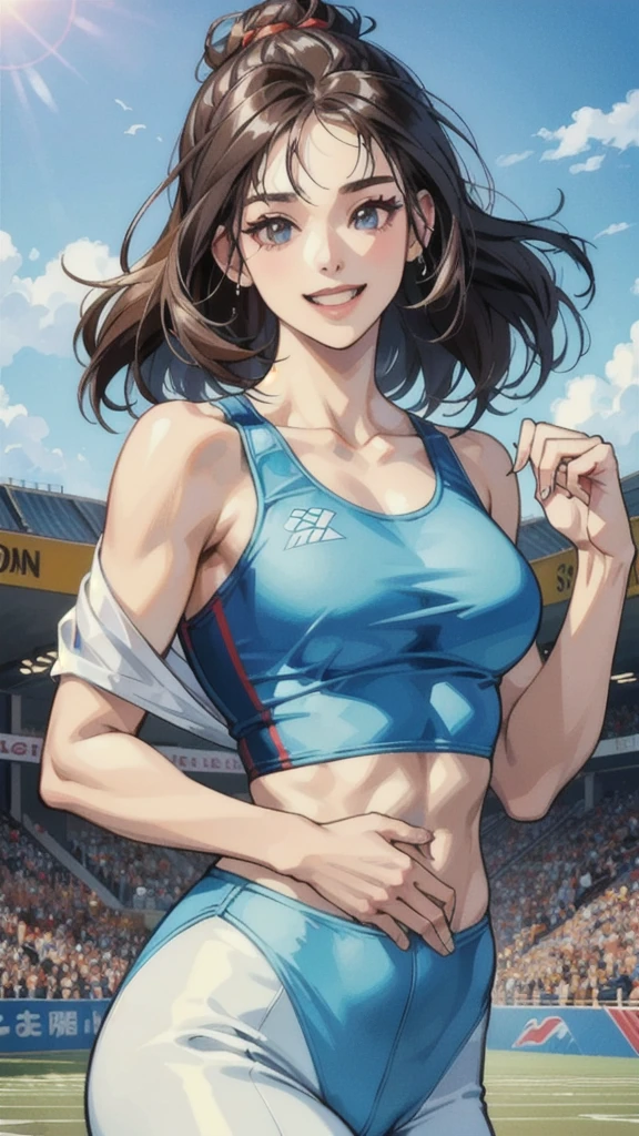 ((masterpiece, Best Quality, Best Quality)),((1 person)),Highly detailed face、Highly detailed eyes、Highly detailed skin、Highly detailed fingers、Highly detailed nose、Highly detailed mouth、Anatomically Perfect Fingers、Anatomically perfect arm、Detailed Background,((A happy smile)),((Sounds fun!)),(Track and field athlete),(Sports Bra),(sexy),(Exposed shoulders),(Summer sunshine),(Dynamic),(露出したAbdominal muscles),(Abdominal muscles),(laughter),(Ground),(Jumping),(jump over),Tight fitting clothing