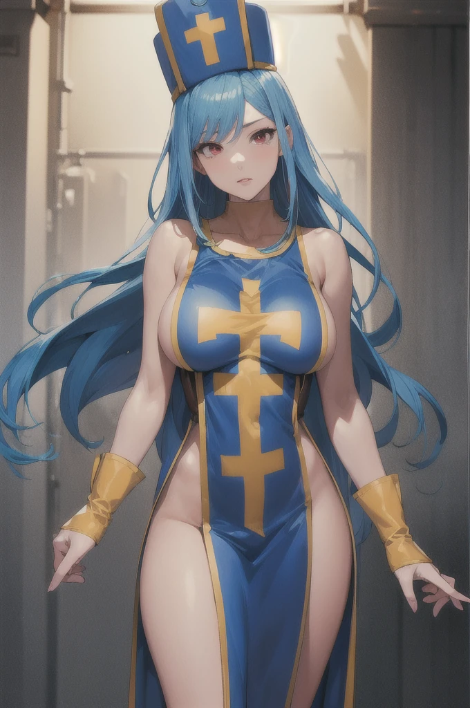 masterpiece,Best Quality, Unreal Engine, Ultra-high resolution, Very detailed,
One girl, Waist, thin, (Muscular:0.8)
Round Breasts, Big breasts, fearless face,  I parted my lips, Staring at the audience,
Standing, sexy pose
Waist shot,
Simple background anime style, Key visual,
 Light blue hair, Red eyes, Long Hair Priest \(dq3\)
Orange bodysuit,Mithra,Tabard Elbow Gown