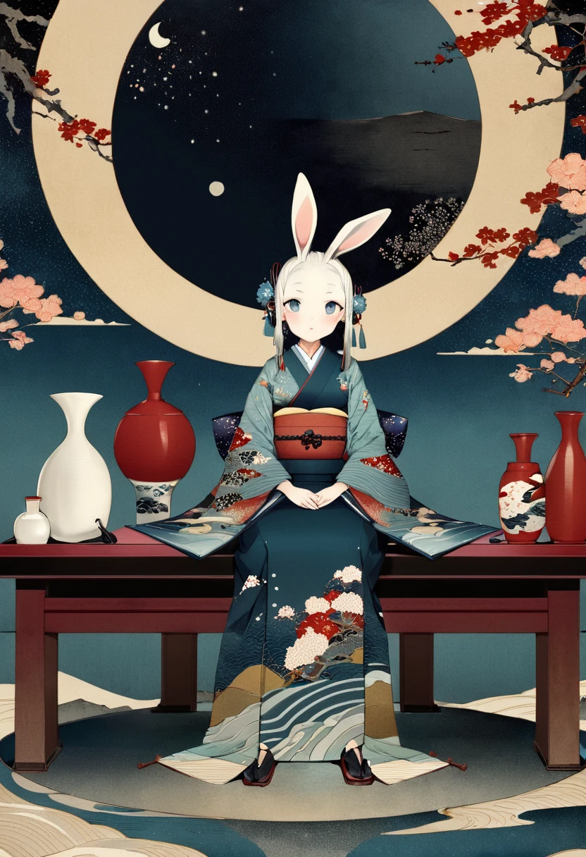 (masterpiece, best quality),(ukiyo-e style:1.5), subtle colors, post-grunge, concept art, paint splatters, intricate details. trends in art station, detailed depiction,(Kaguyahime and rabbits drinking sake at Tokkuri,sitting on moon surface), Japanese beautiful kimono,The earth is floating far away in the starry sky. suyari-kasumi,