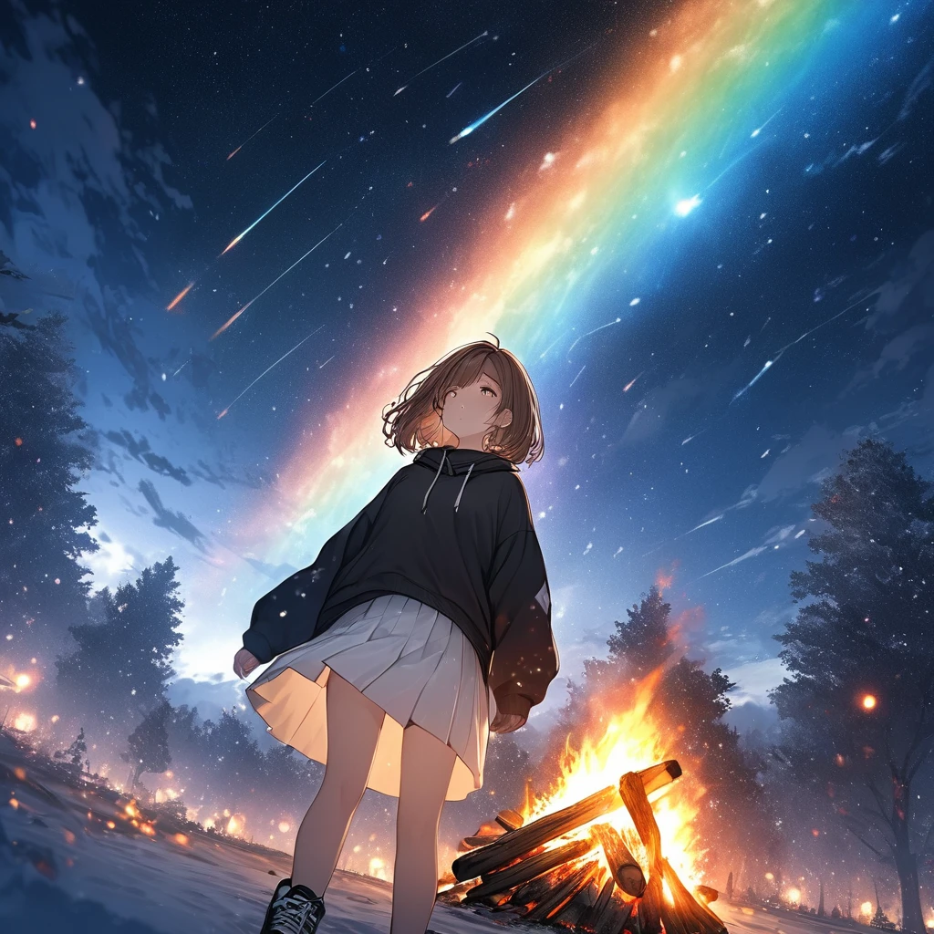 Girl having a bonfire,Stargazing,Black hoodie,White Skirt,Black sneakers,Very cold,winter,White breath comes out,Brown Hair,Short Bob,Smoke rises into the sky,Pointing at the sky,Rainbow Sky,night,Meteor Shower,masterpiece,Best Quality,Exquisite,8k,Absurd,Ultra-detailed illustrations,(View your audience),Angle from below,View from afar