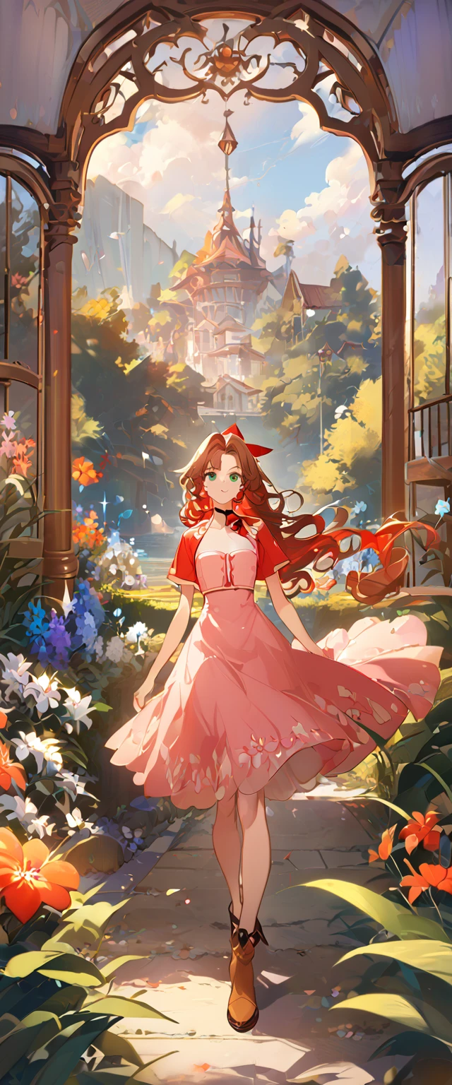 masterpiece, best quality, 8k, 4k, 1girl, aerith gainsborough, brown hair, high middle bang, longer side curly bang, long tight curly ponytail, green eyes, red hair ribbon, red bolero jacket, short sleeve jacket, cropped jacket, black tie choker, long pink straight dress, brown boots, bangles, walking in a garden, flowers, detailed background,, inspired by Asukaziye artist : ask, art style : ask