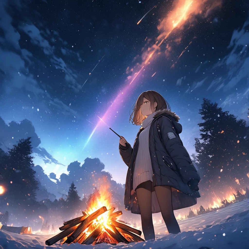 Girl having a bonfire,Stargazing,The girl is wearing winter clothes,Very cold,winter,White breath comes out,Brown Hair,Short Bob,Smoke rises into the sky,Pointing at the sky,Rainbow Sky,night,Meteor Shower,masterpiece,Best Quality,Exquisite,8k,Absurd,Ultra-detailed illustrations,(View your audience),Angle from below,View from afar