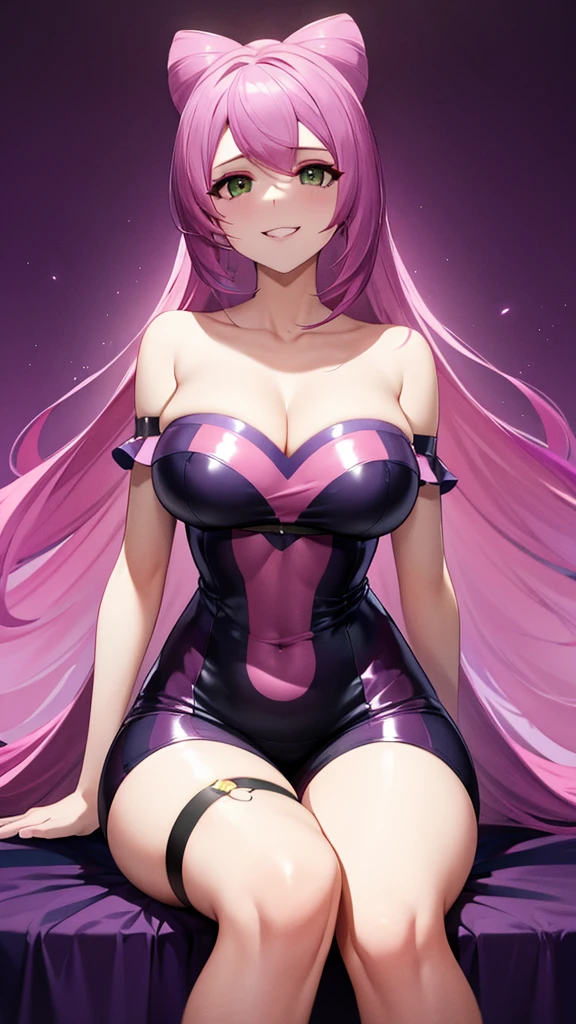 erotic、Pokémon　Mimosa、Purple hair、tall、 Mature, Married women, Pink shiny latex tube top、Off the shoulder、邪evilな女戦闘員, Pink and black background, Pitch-dark bedroom, Dark Theme, evil, lure, excited, A condescending grin, Open your mouth slightly、Sexy pose, Sitting on the throne