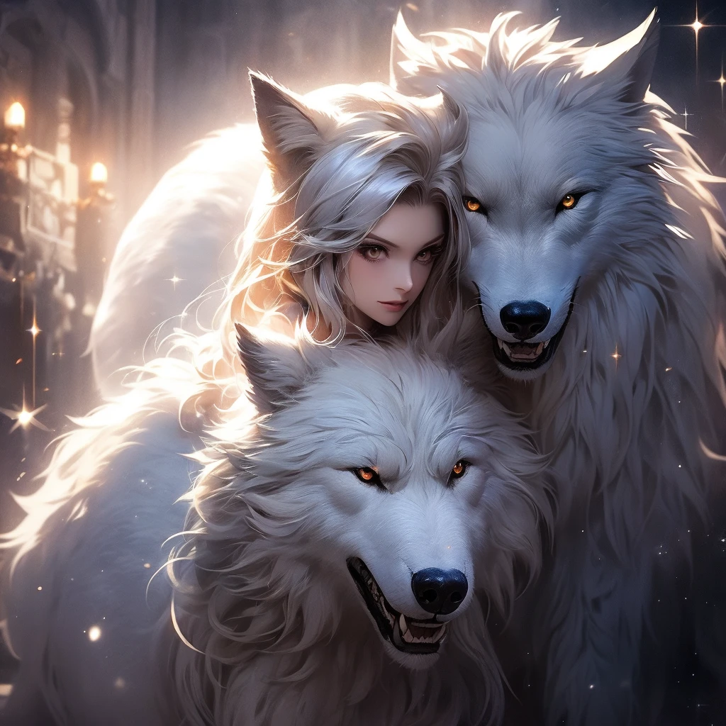 Find your soul mate、Getting lost and arriving、From the darkness comes light、Big silver wolf、Get close、Sparkle Effect, Lens Flare, Particles of light、aura、Woman hugging a wolf、like