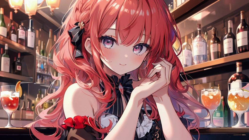 (masterpiece),(Highest image quality),top quality,(extremely detailed),4K,(8K), detailed and beautiful eyes, Highest image quality,(beautiful), Colorful portraits ,more campbell, 1 girl,medium breasts,,((crossed bangs)),long hair,red hair,leaning forward,frilled dress, at Bar,blurry background.slant eyes.multiple drinkers in background,evening,
