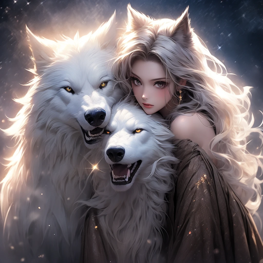 Find your soul mate、Getting lost and arriving、From the darkness comes light、Big silver wolf、Get close、Sparkle Effect, Lens Flare, Particles of light、aura、Woman hugging a wolf、love,Night Sky、Moon Background