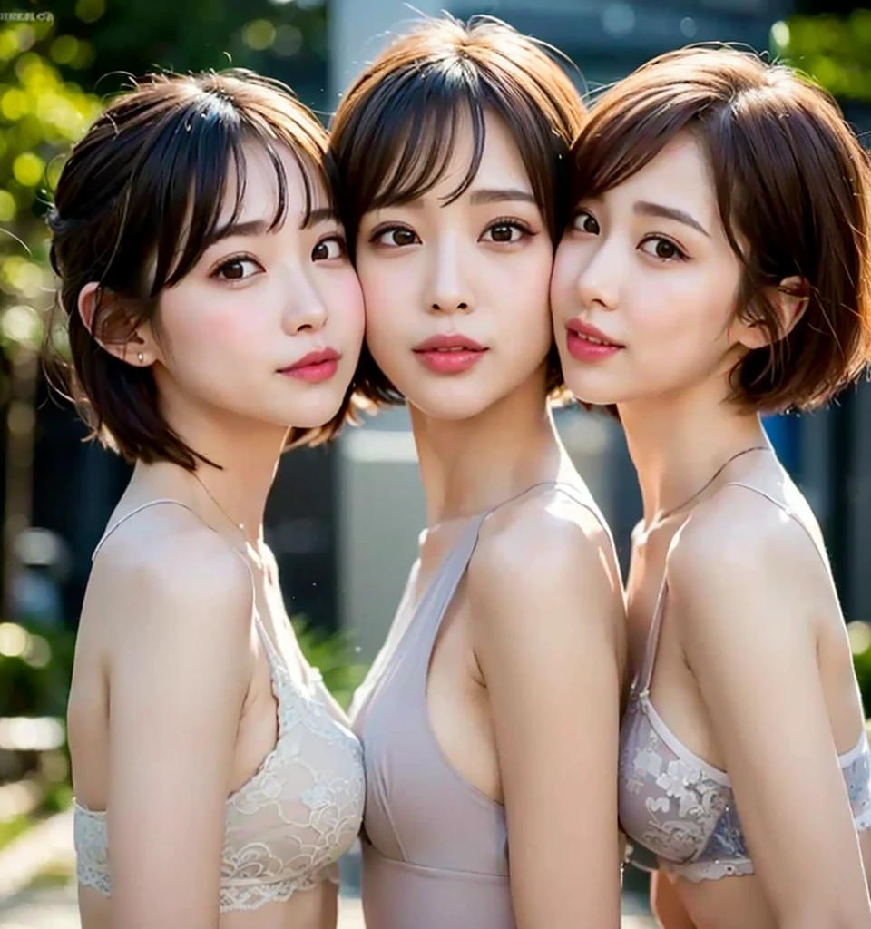 Highest quality、8k、Busty、Best image quality、Professional Lighting、Natural light、Ultra-high resolution、Clear photos、Beautiful and delicate skin、No makeup、thin、very cute３people々、(Bian、same-sex love、Love Each Other)、White skin、(Very short hair:1.6)、Brown Hair、(Small breasts、Flat Chest)、Large erect nipples、Exquisite appearance、(Affectionate３people々:1.8、kiss３people々:1.8、Embrace each other:1.8、Put your lips on it:1.6)、Detailed Background、３people々々idol group member:1.6、(Wearing white underwear:1.8、Small underwear、See-through underwear)、Full body photo、(Expressions of joy、Ecstasy)、Big Breasts
