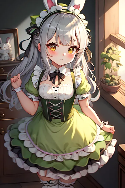 1 woman,pretty girl, shot,gray hair, gray hair, maid headband , maid bunny headband, light green, ribbon on headband, light gree...