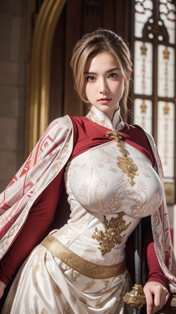 (1 female)), ((16k)), Mature Woman, Elegant Armor,Monk, 30-year-old woman,(((美しい女性Monk)))、 (Yellow hijab),(Yellow outfit)、 masterpiece， , blue eyes, blonde, 30-year-old woman, masterpiece，The best quality in the best condition，High resolution，8k，((Portraiture))，(Upper Body)，Original photo，Actual Photos，Digital photography, (Clergy) ，(((With a big sword)))、Upper Body， (((Super huge breasts))), Extravagant decoration of pointy huge breasts，I parted my lips，Makes your lips look more attractive and glamorous，((Toned body))，(Medieval Fantasy Robe，Beautiful big pointy breasts, Tight waist, )((masterpiece)), High resolution, (Skin Texture:1.1), Best Quality, 超High resolution, (Realistic: 1.4), RAW Photos,((Perfect Face))、(((Intricately patterned armor)))， Rendering Reflection Texture, Sexy Style, Sexy Big , Medieval castle background, The body is slim, ((red and white long sleeve dress)) , ((Gorgeous long skirt))、 Images of monks、Big eyes、Voluminous lips、Looking into the camera、Background stained glass、