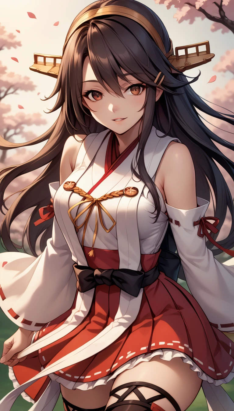 score_9, score_8_up, score_7_up, source_anime, game cg, harunakainiKC, long hair, skirt, hair ornament,thighhighs, hairband, detached sleeves, japanese clothes, hairclip, red skirt, headgear, ribbon trim, nontraditional miko, ribbon-trimmed,smile,parted lips,