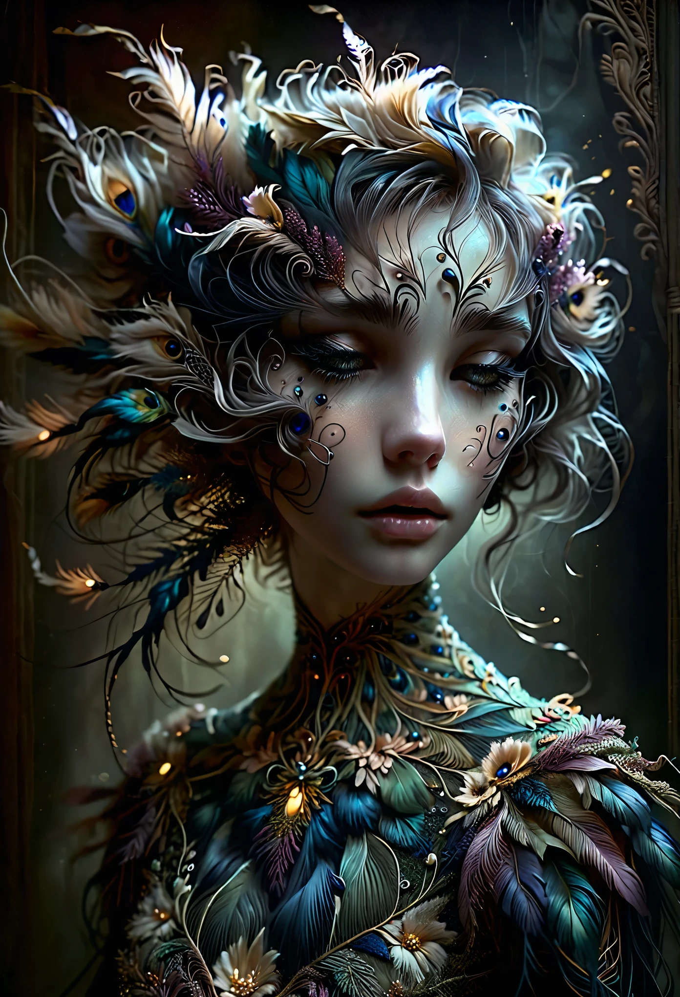 a sad marionette, 1girl, porcelain skin, melancholic expression, glowing eyes, long eyelashes, delicate features, intricate clothing, detailed folds and textures, dramatic lighting, moody atmosphere, muted colors, somber palette, chiaroscuro lighting, painterly quality, digital painting, cinematic composition, ethereal and haunting