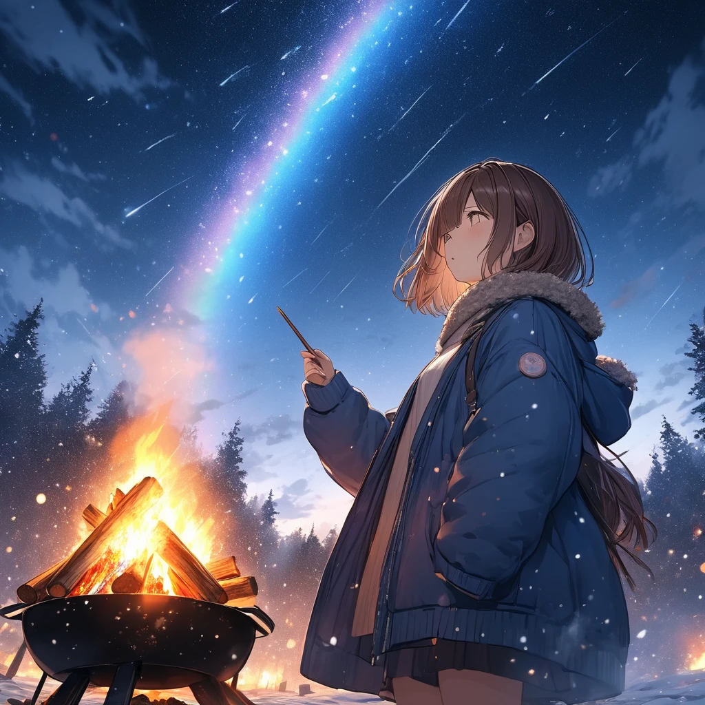 Girl having a bonfire,Stargazing,The girl is wearing winter clothes,Very cold,winter,White breath comes out,Brown Hair,Short Bob,Smoke rises into the sky,Pointing at the sky,Rainbow Sky,night,Meteor Shower,masterpiece,Best Quality,Exquisite,8k,Absurd,Ultra-detailed illustrations,(View your audience),Angle from below,View from afar