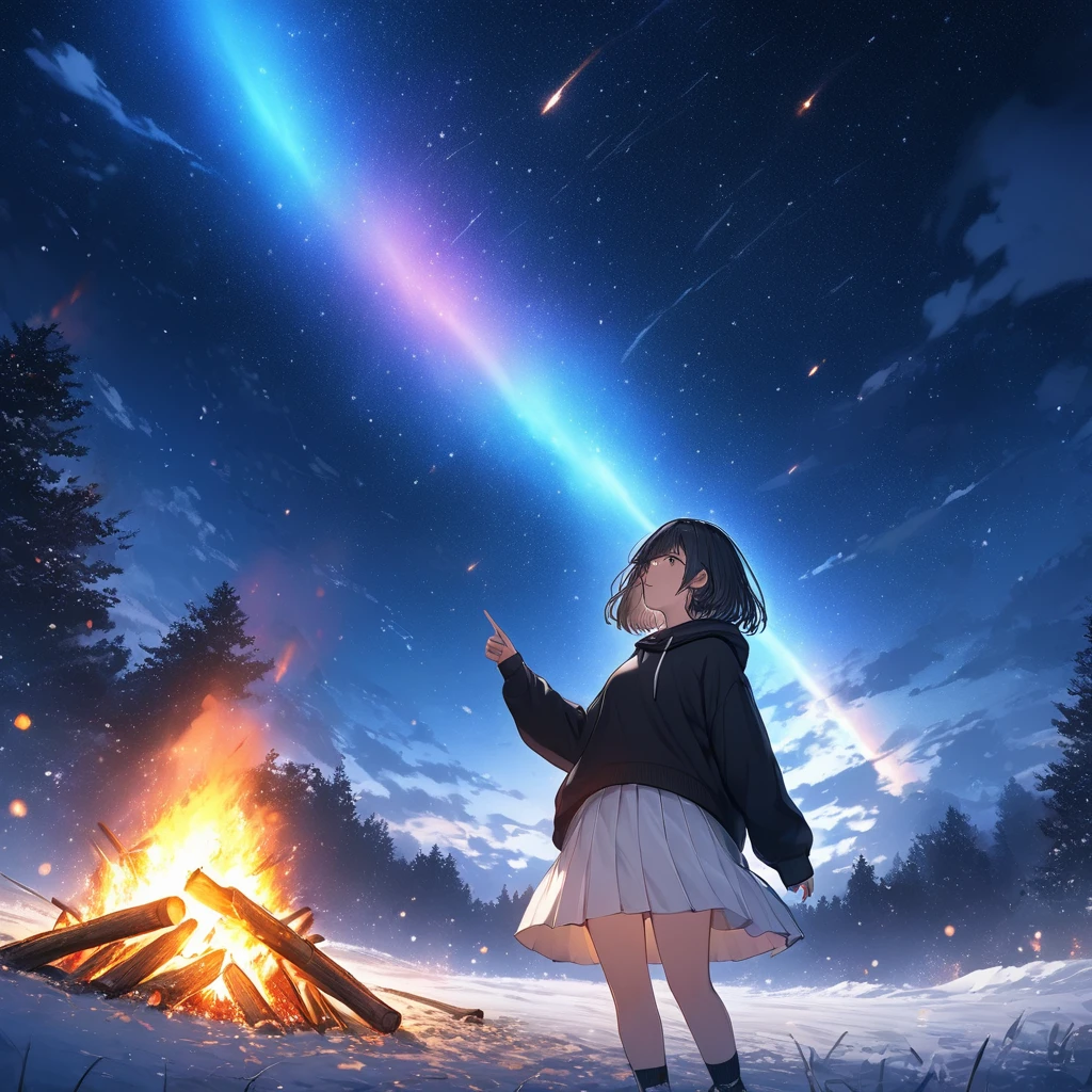 Girl having a bonfire,Stargazing,Black hoodie,White Skirt,Black sneakers,Very cold,winter,White breath comes out,Black Hair,Short Bob,Smoke rises into the sky,Pointing at the sky,Rainbow Sky,night,Meteor Shower,masterpiece,Best Quality,Exquisite,8k,Absurd,Ultra-detailed illustrations,(View your audience),Angle from below,View from afar