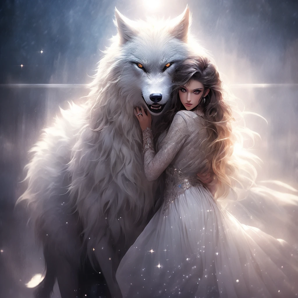 Find your soul mate、Getting lost and arriving、From the darkness comes light、Big silver wolf、Get close、Sparkle Effect, Lens Flare, Particles of light、aura、Woman hugging a wolf、love,Night Sky、Moon Background、Black Hair、Medium Hair, Gentle Wolf、